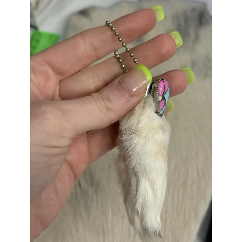 Sterling Silver Pink Blue Cotton Candy Bezel Rabbits Foot Keychain Pendant 925